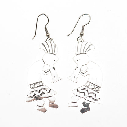 Old Pawn Sterling Silver Vintage Southwestern Kokopelli Tribal Dangle Earrings