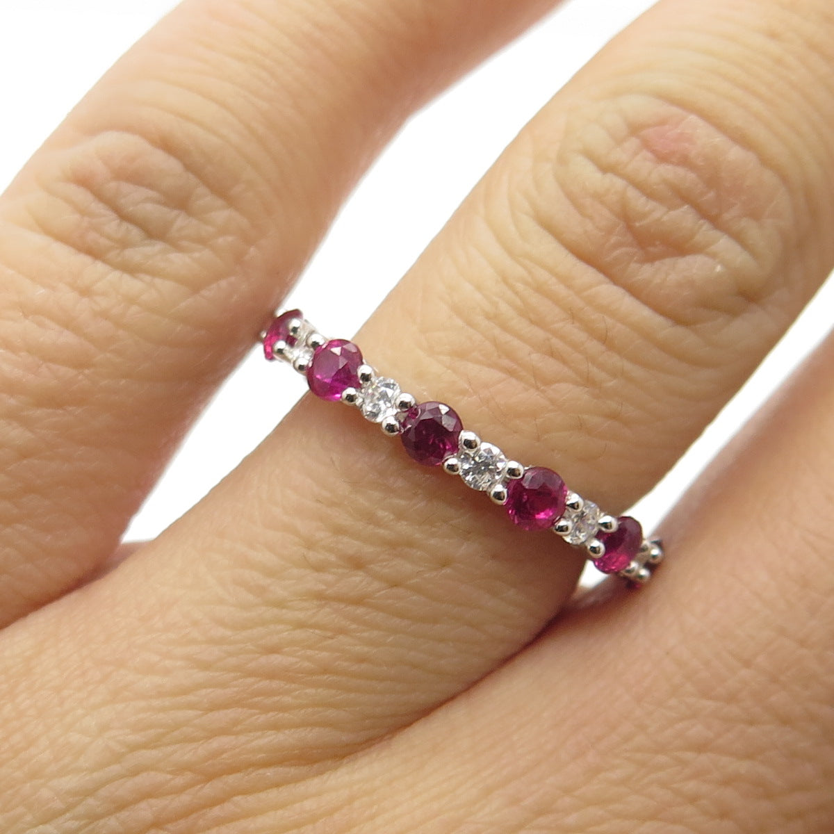 925 Sterling Silver Real Pink Sapphire & C Z All Around Eternity Ring Size 6