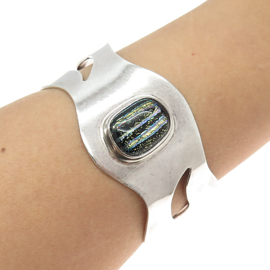 925 Sterling Silver Vintage Mexico Colorful Glass Adjustable Cuff Bracelet 7"