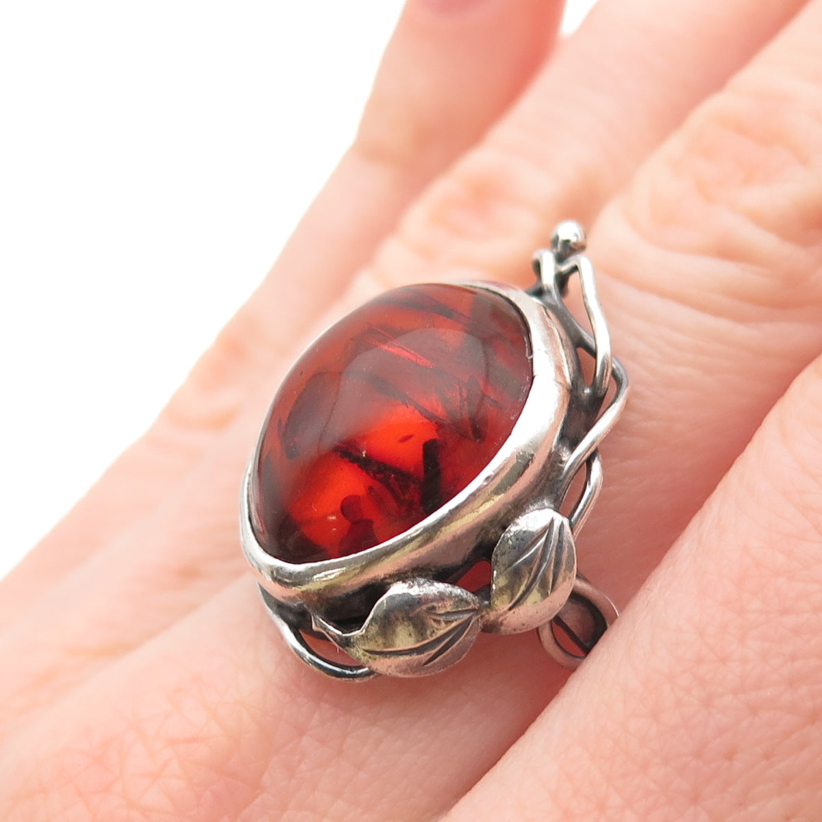 800 Silver Vintage Poland Real Amber Modernist Oxidized Ring Size 7.5