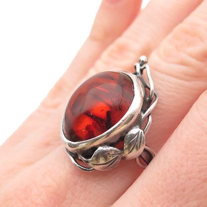 800 Silver Vintage Poland Real Amber Modernist Oxidized Ring Size 7.5