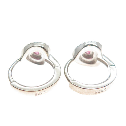 925 Sterling Silver Heart-Cut Pink & Round-Cut White C Z Hoop Earrings