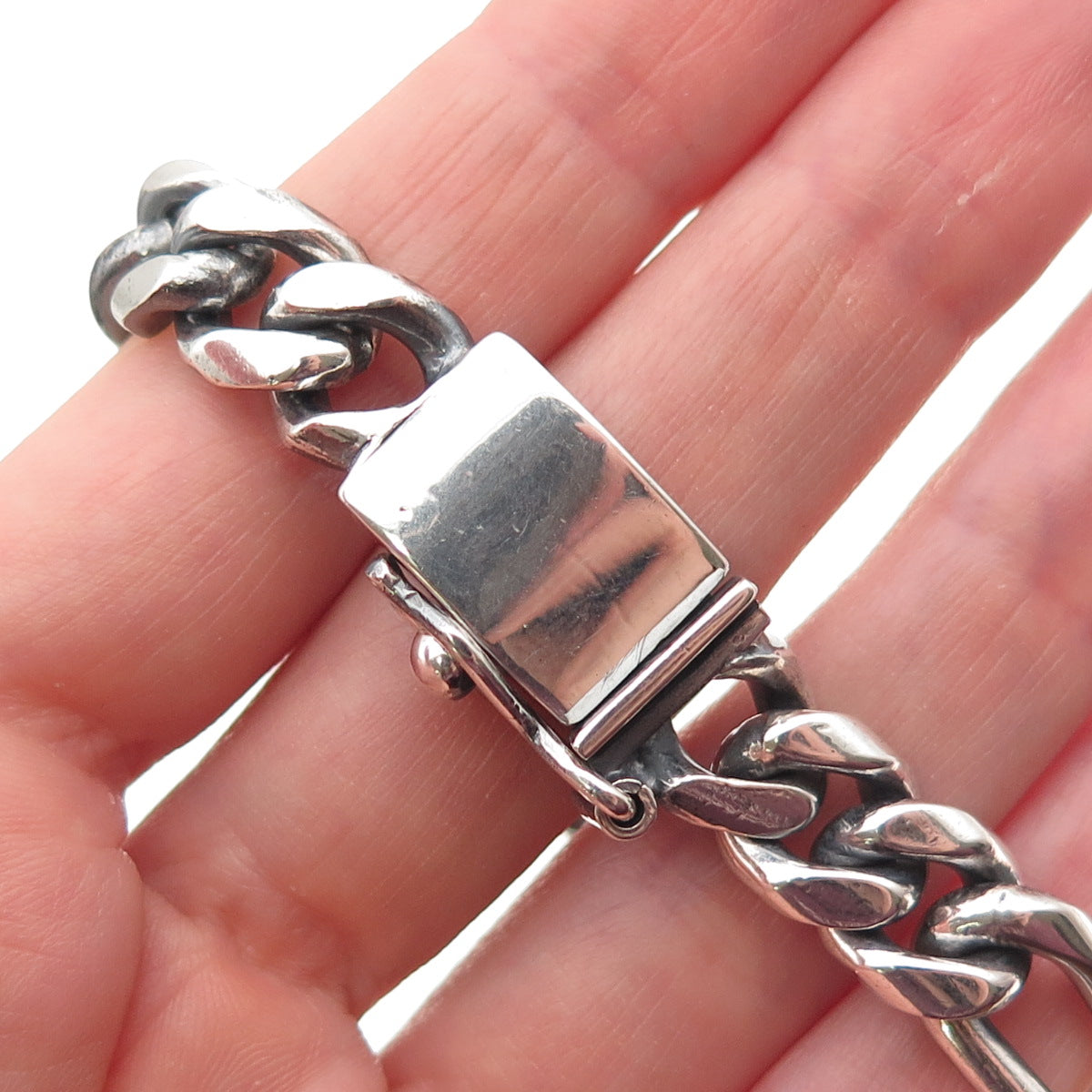 925 Sterling Silver Vintage Mexico Heavy 57.6g Figaro Link Oxidized Bracelet 8"
