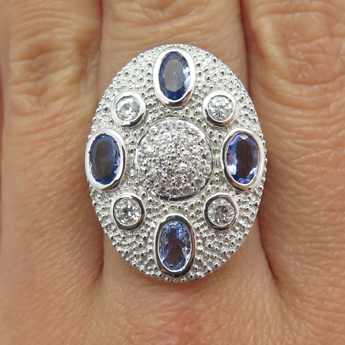 DSMK 925 Sterling Silver White Topaz & Tanzanite Gem Statement Ring Size 7.25