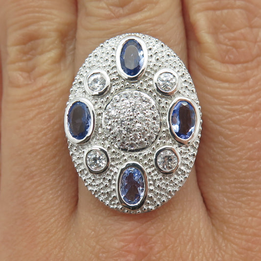 DSMK 925 Sterling Silver White Topaz & Tanzanite Gem Statement Ring Size 7.25