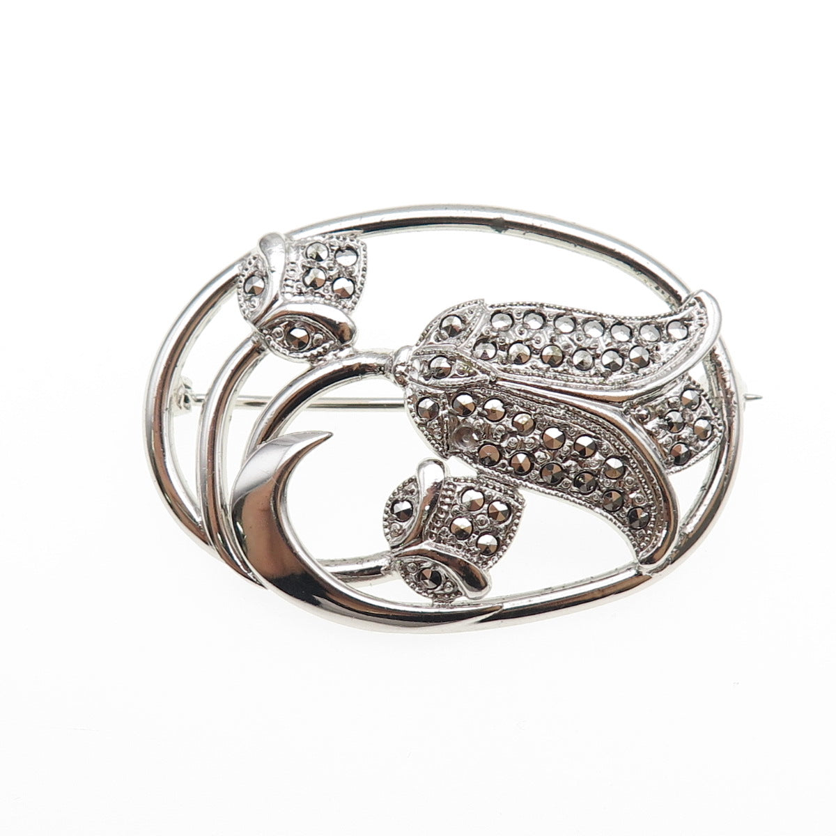 THEDA Sterling Silver Antique Art Deco Real Marcasite Tulip Flower Pin Brooch