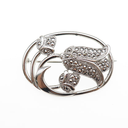 THEDA Sterling Silver Antique Art Deco Real Marcasite Tulip Flower Pin Brooch