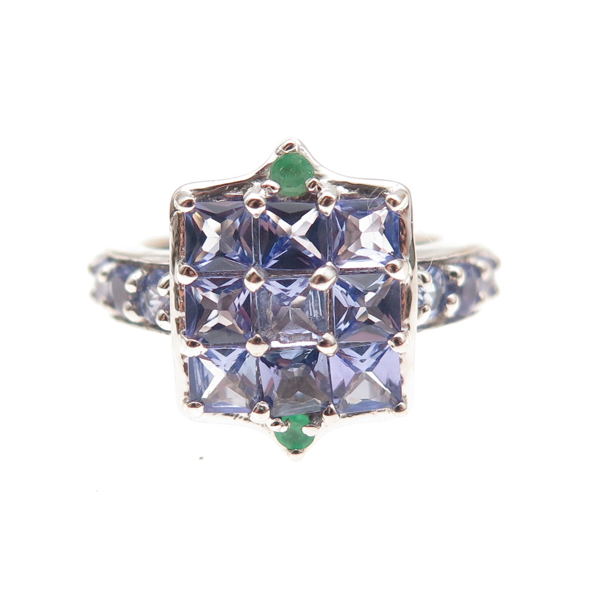 Chuck Clemency 925 Sterling Silver Real Tanzanite & Emerald Ring Size 5.25
