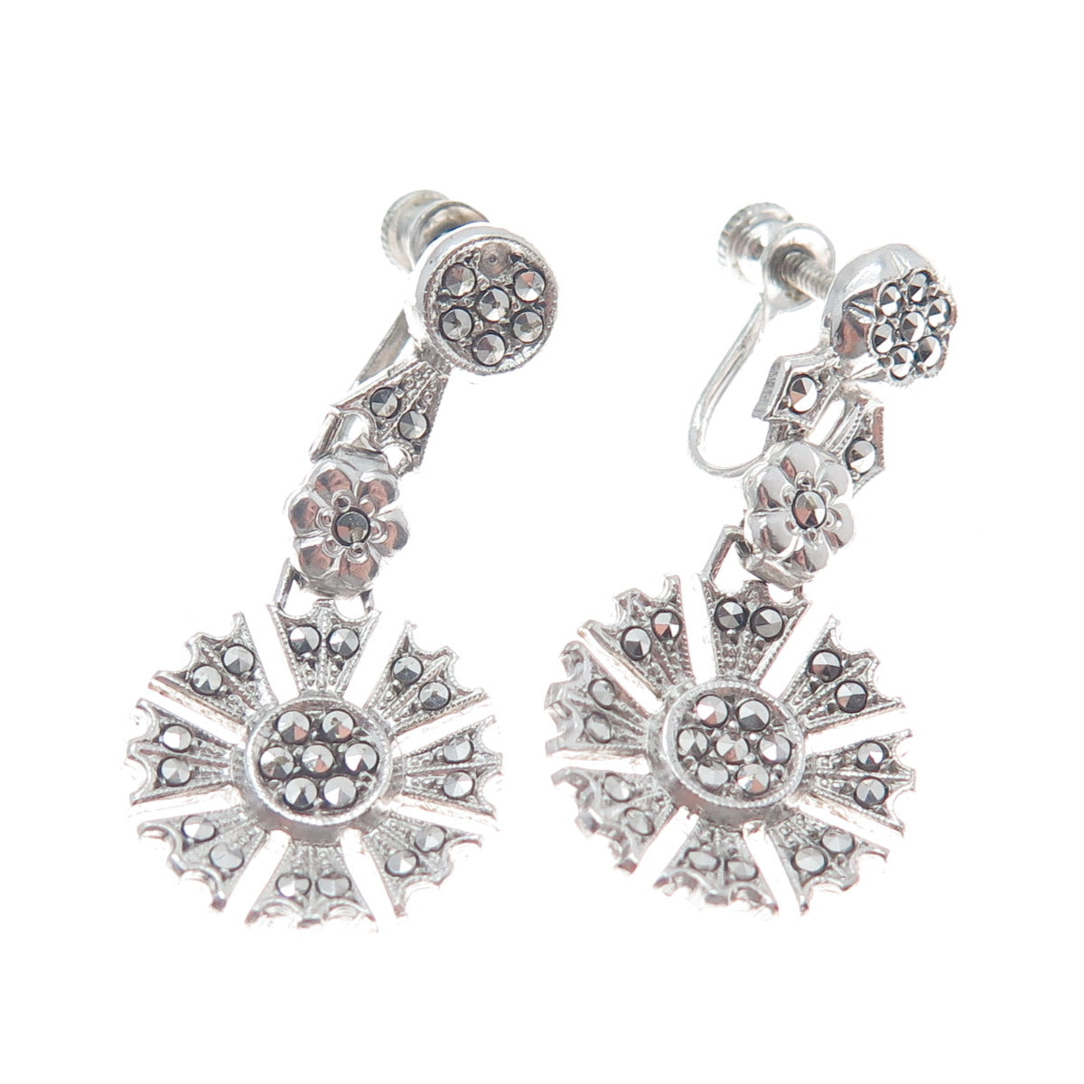 925 Sterling Silver Antique Real Marcasite Gemstone Flower Dangle Earrings
