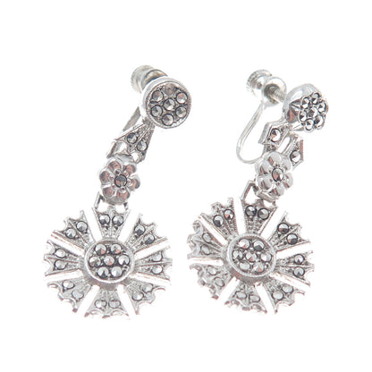 925 Sterling Silver Antique Real Marcasite Gemstone Flower Dangle Earrings