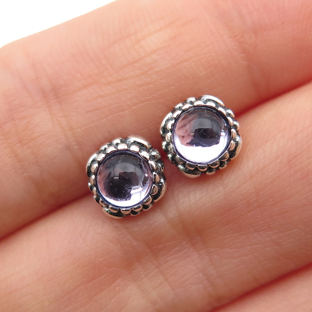 925 Sterling Silver Purple Glass Oxidized Stud Earrings