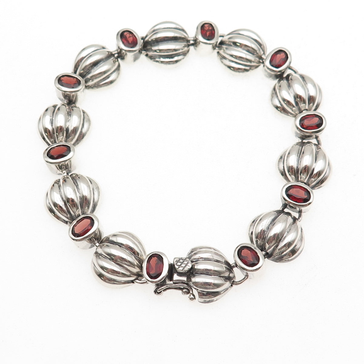 925 Sterling Silver Vintage Real Red Garnet Modernist Shell Link Bracelet 7.75"