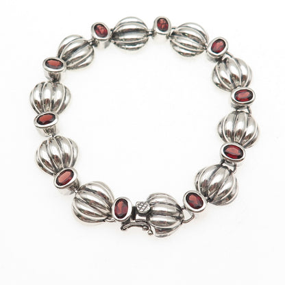 925 Sterling Silver Vintage Real Red Garnet Modernist Shell Link Bracelet 7.75"