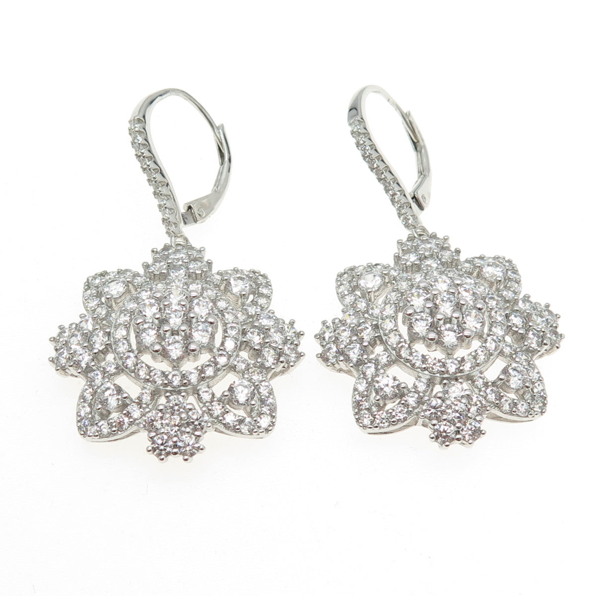 925 Sterling Silver Pave C Z Floral Dangling Earrings