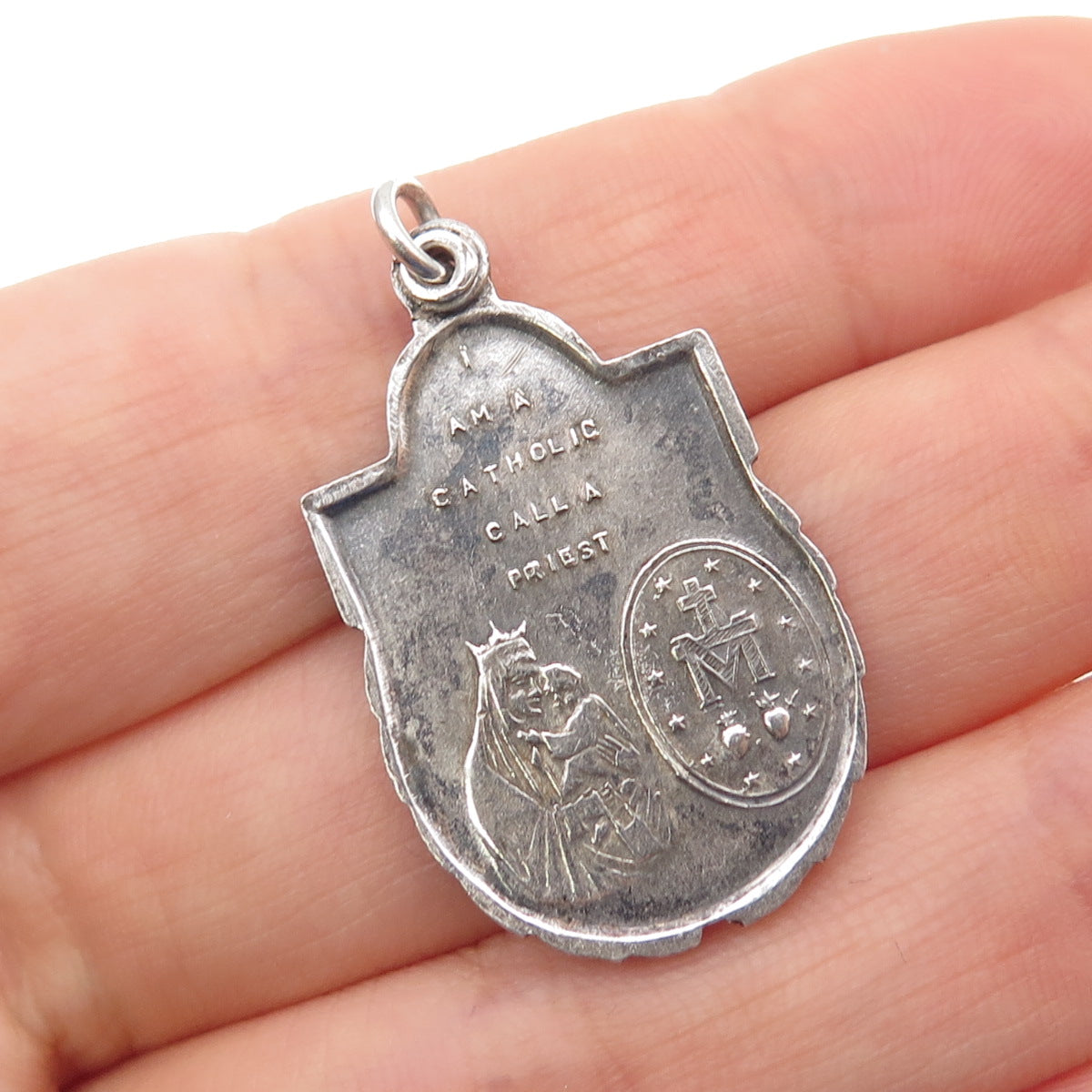 925 Sterling Silver Antique Art Deco Catholic Religious Medal Oxidized Pendant