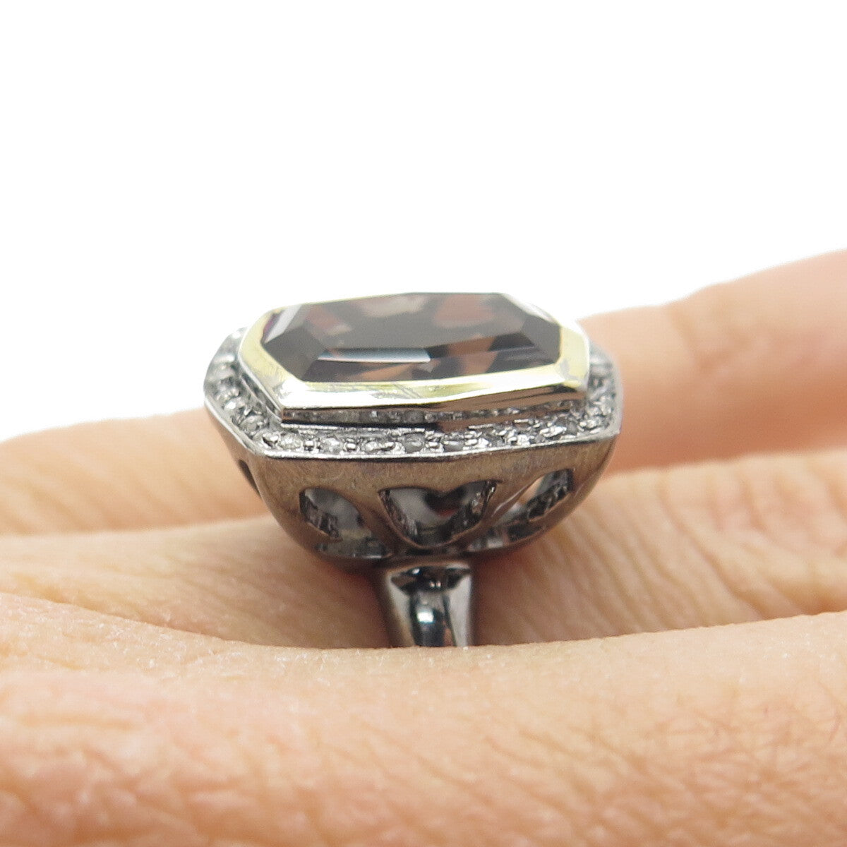 925 Sterling Silver Black Rhodium 2-Tone Diamond & Smoky Quartz Ring Size 5
