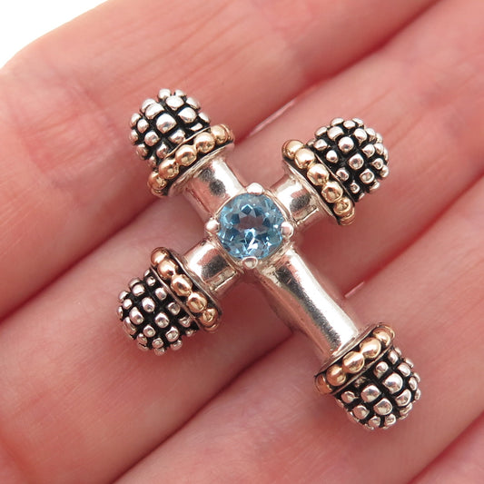 925 Sterling Silver 14K Gold Vintage Real Blue Topaz Cross Slide Pendant