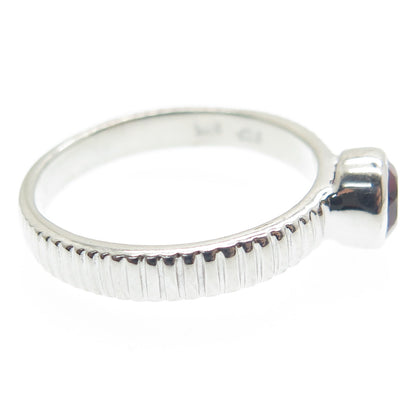 925 Sterling Silver Real Checkered Red Garnet Gemstone Ribbed Ring Size 8