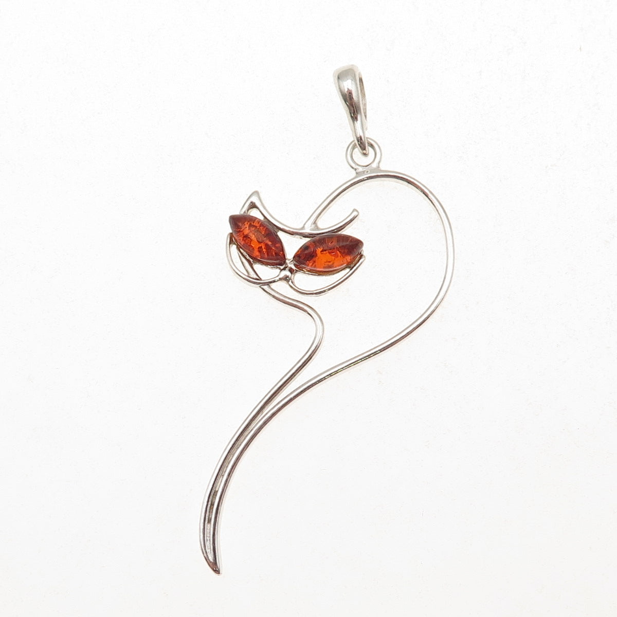 925 Sterling Silver Vintage Real Amber Modernist Cat Charm Pendant