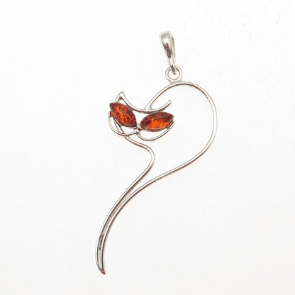 925 Sterling Silver Vintage Real Amber Modernist Cat Charm Pendant