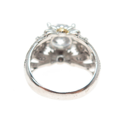 925 Sterling Silver 2-Tone Round-Cut C Z Daisy Flower Ring Size 8.25