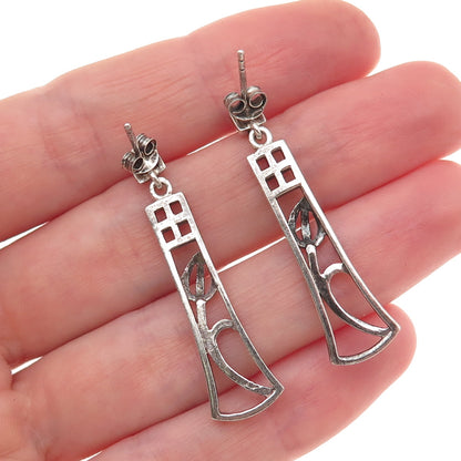 925 Sterling Silver Vintage Tulip Flower Oxidized Dangle Earrings