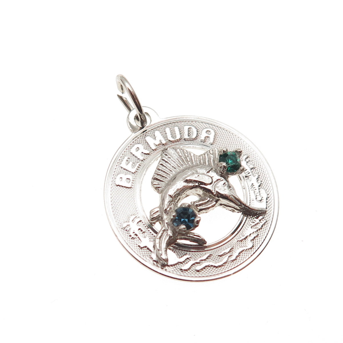 CREA 925 Sterling Silver Vintage Rhinestone Bermuda Swordfish Mini Charm Pendant