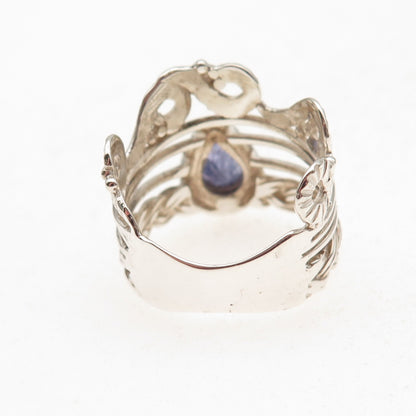 925 Sterling Silver Real Pear-Cut Tanzanite Oxidized Ring Size 8.5