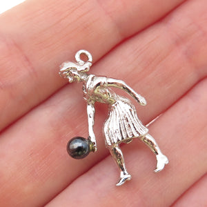 Town & Country 925 Sterling Vintage Real Hematite Female Bowler 3D Charm Pendant