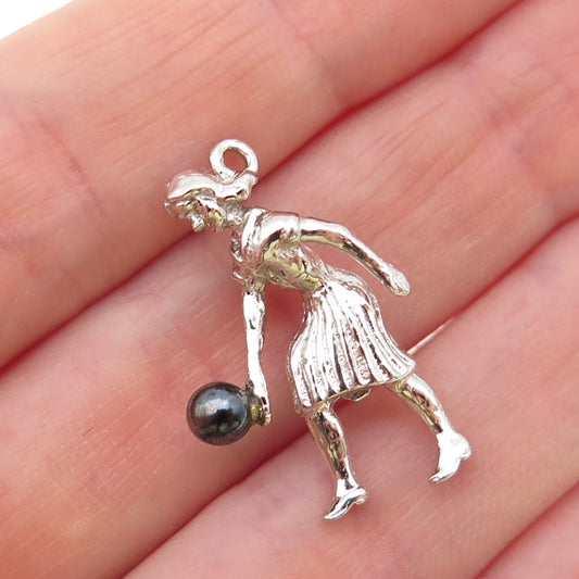 Town & Country 925 Sterling Vintage Real Hematite Female Bowler 3D Charm Pendant