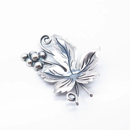 925 Sterling Silver Vintage Damaso Gallegos Taxco Grapes & Leaf Pin Brooch