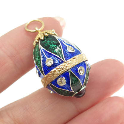 925 Sterling Silver Vintage Vermeil Enamel Cabochon Garnet & Rhinestone Pendant