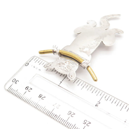 925 Sterling Silver 2-Tone Vintage Mexico Cat Hanging On a Branch Pin Brooch