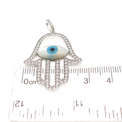 925 Sterling Silver Real MOP Turquoise Black Onyx & C Z Hamsa Amulet Pendant