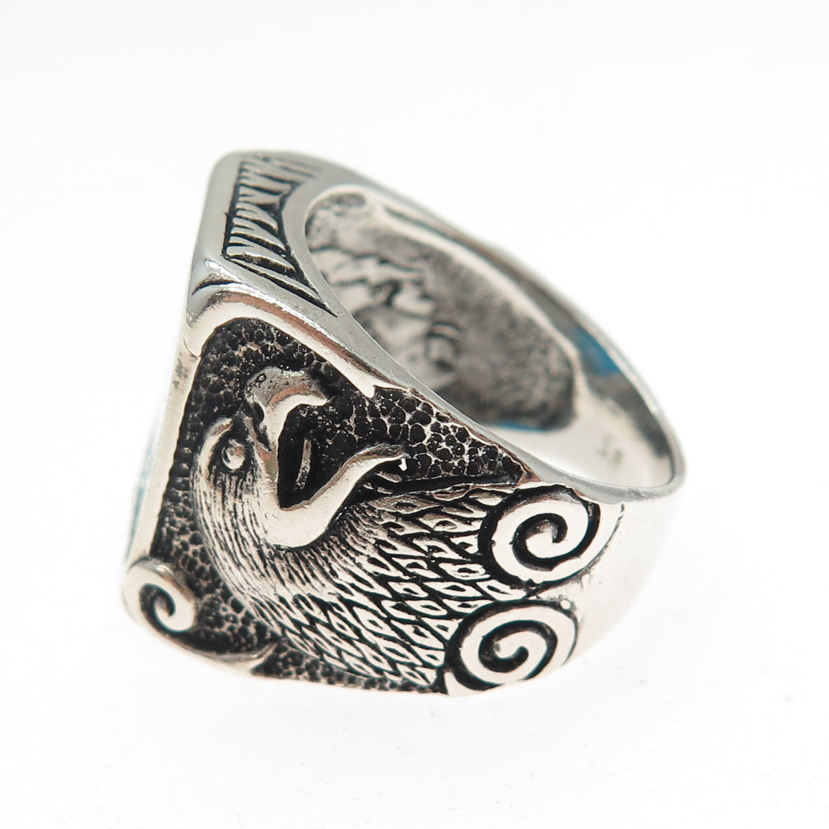 925 Sterling Silver Vintage Real Bisbee Turquoise Eagle Oxidized Ring Size 11.25