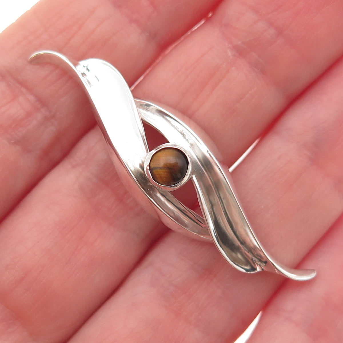 925 Sterling Silver Vintage Real Tiger Eye Modernist Floral Slide Pendant