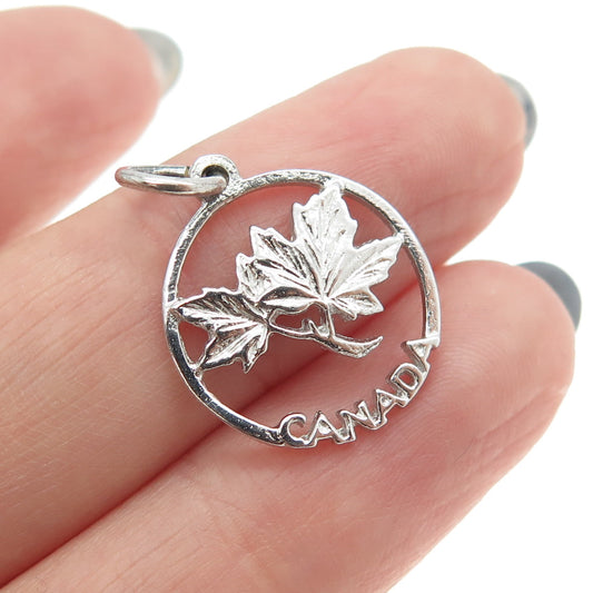 925 Sterling Silver Vintage Canada Maple Leaf Round Charm Pendant