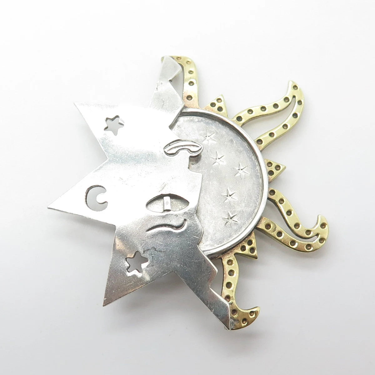 925 Sterling Silver 2-Tone Vintage Mexico Handmade Sun & Stars Pin Brooch