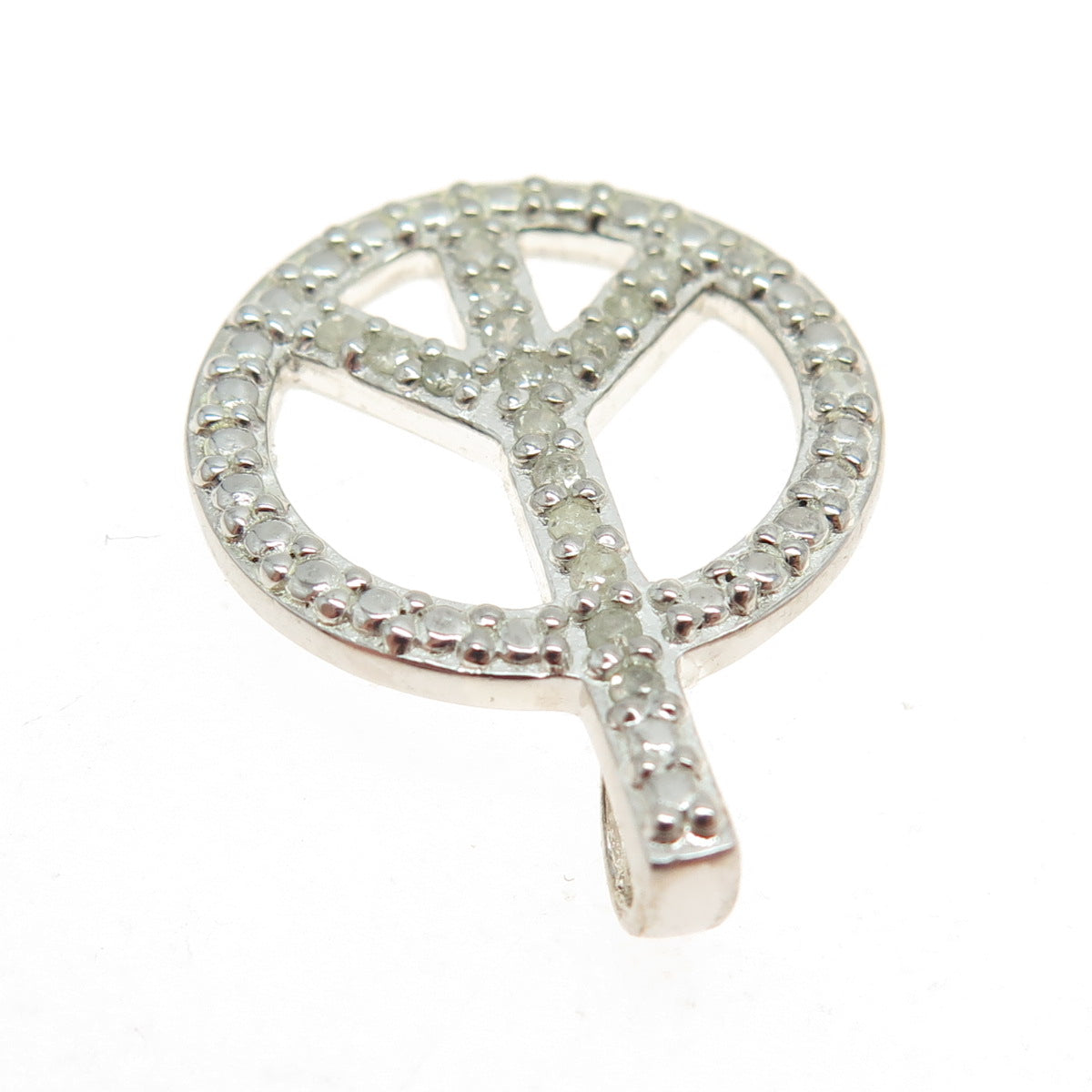 925 Sterling Silver Real Round-Cut Diamond Peace Symbol Pendant