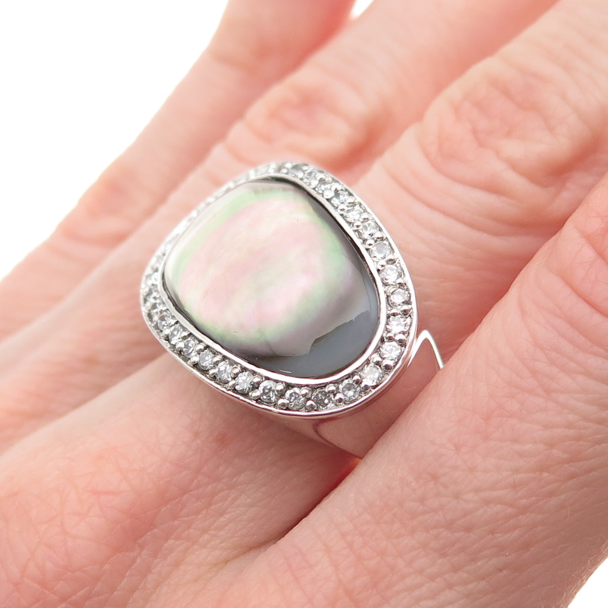 925 Sterling Silver Real Abalone Shell & C Z Ring Size 7.25