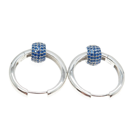 925 Sterling Silver Round-Cut Blue C Z Charm Hoop Earrings