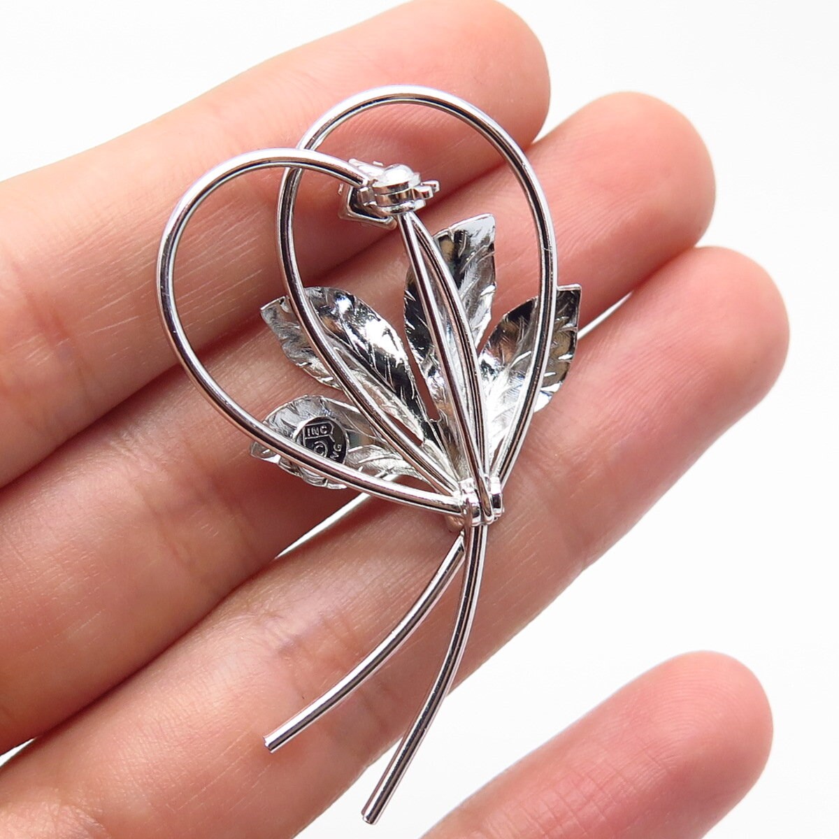 925 Sterling Silver Vintage Black Rhinestone Leaf Floral Pin Brooch