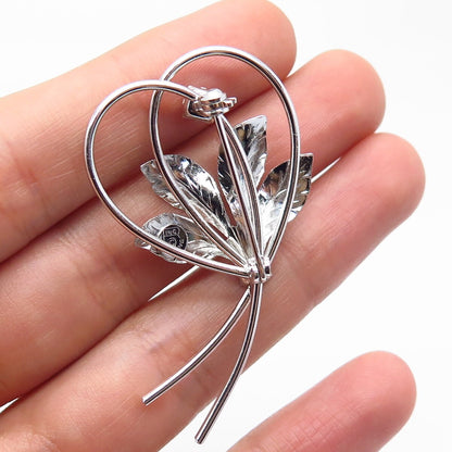 925 Sterling Silver Vintage Black Rhinestone Leaf Floral Pin Brooch