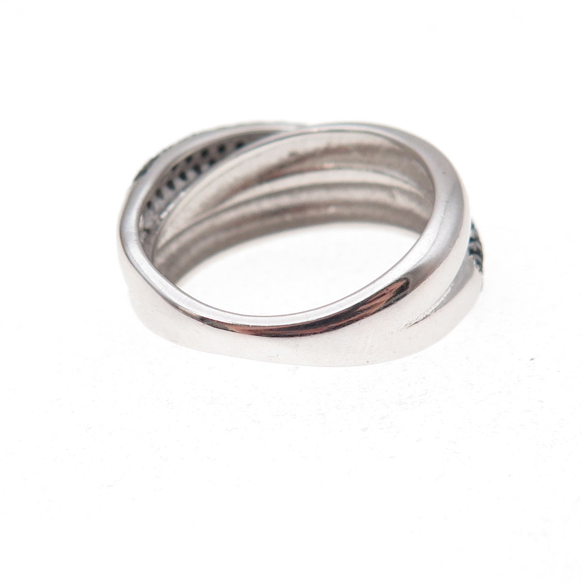 925 Sterling Silver Real Round-Cut Black Spinel Crisscross Ring Size 6.25