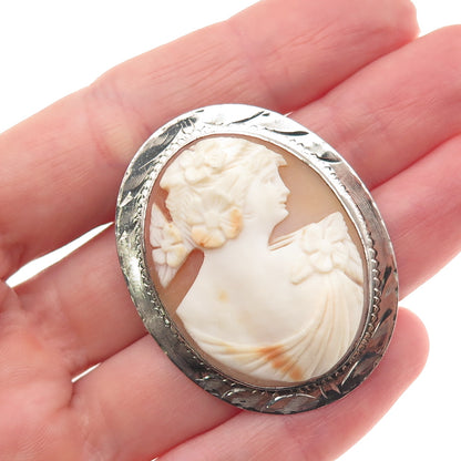 925 Sterling Silver Antique Art Deco Real MOP Carved Lady Cameo Pin Brooch