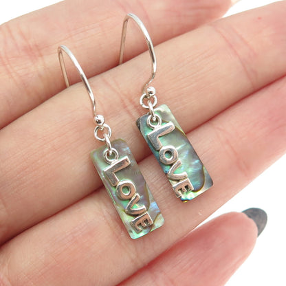 925 Sterling Silver Real Abalone Shell "LOVE" Dangling Bar Earrings