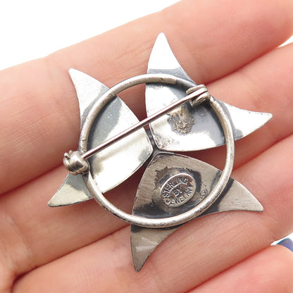 JEWELART 925 Sterling Silver Vintage Modernist Flower Oxidized Pin Brooch