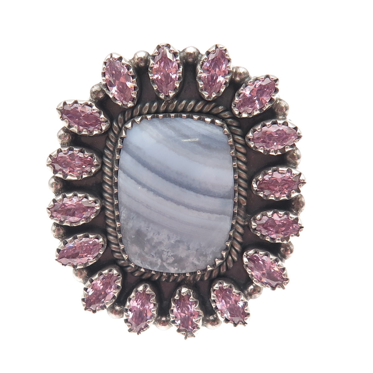 925 Sterling Silver Vintage Real Lace Agate & Pink C Z Adjustable Ring Size 8.75