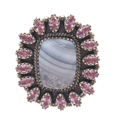 925 Sterling Silver Vintage Real Lace Agate & Pink C Z Adjustable Ring Size 8.75