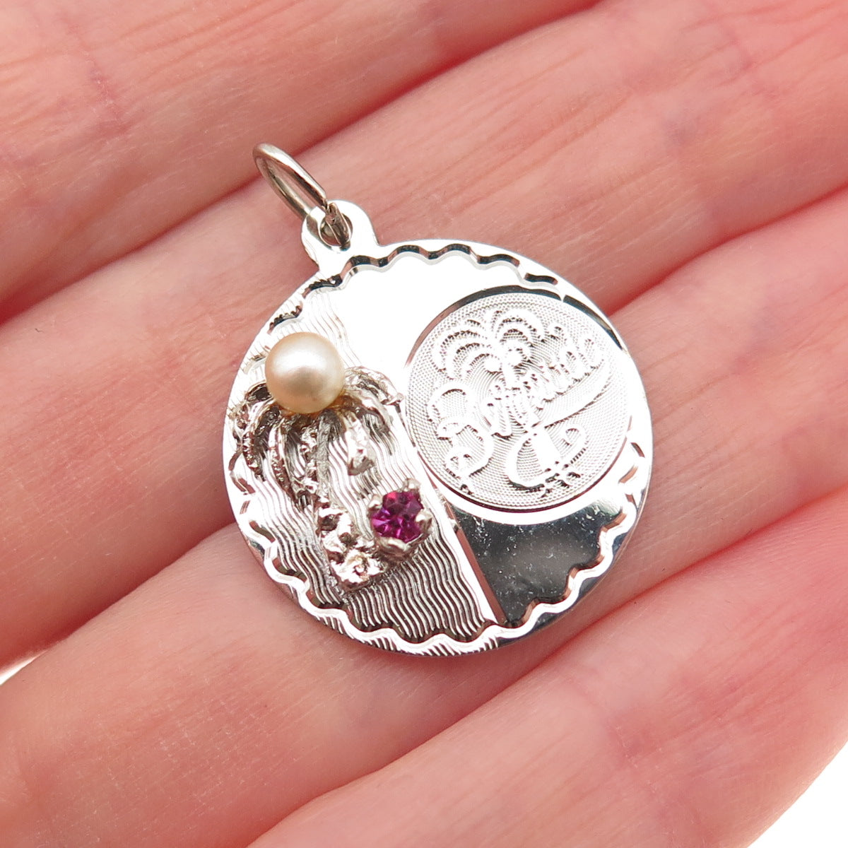 CREA 925 Sterling Vintage Rhinestone Faux Pearl Bermuda Palm Tree Charm Pendant